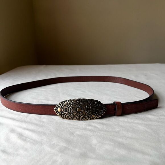 Retro Brown Leather Skinny Belt Gold Tone Floral Embossed Buckle Boho Western XL - Picture 1 of 8